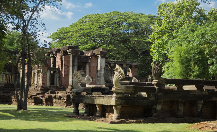 Stone entrance and structures of a historical Khmer sanctuary in Korat