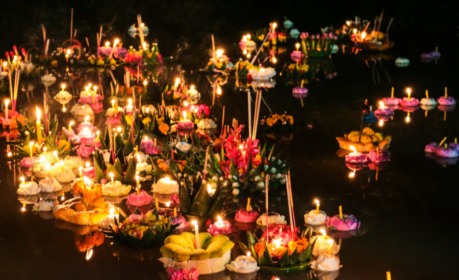 After sunset, rivers, canals, and lakes across Thailand are filled with candlelit krathongs