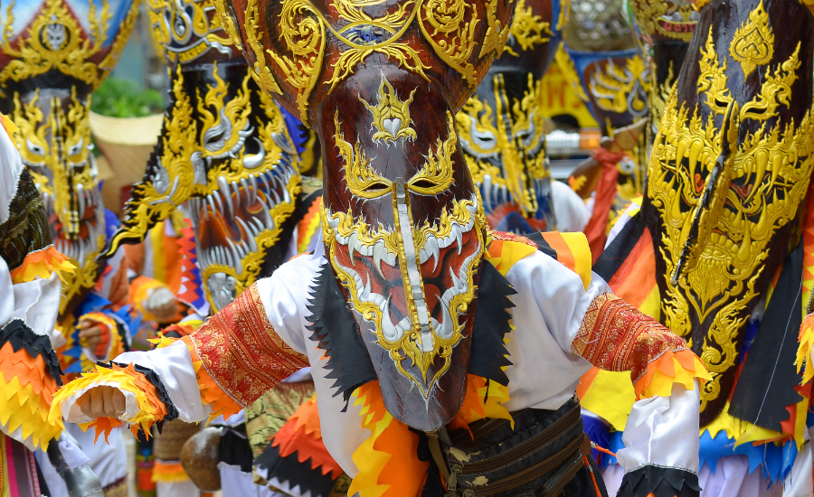 Distinctive ghost-like masks at the Phi Ta Khon Festival