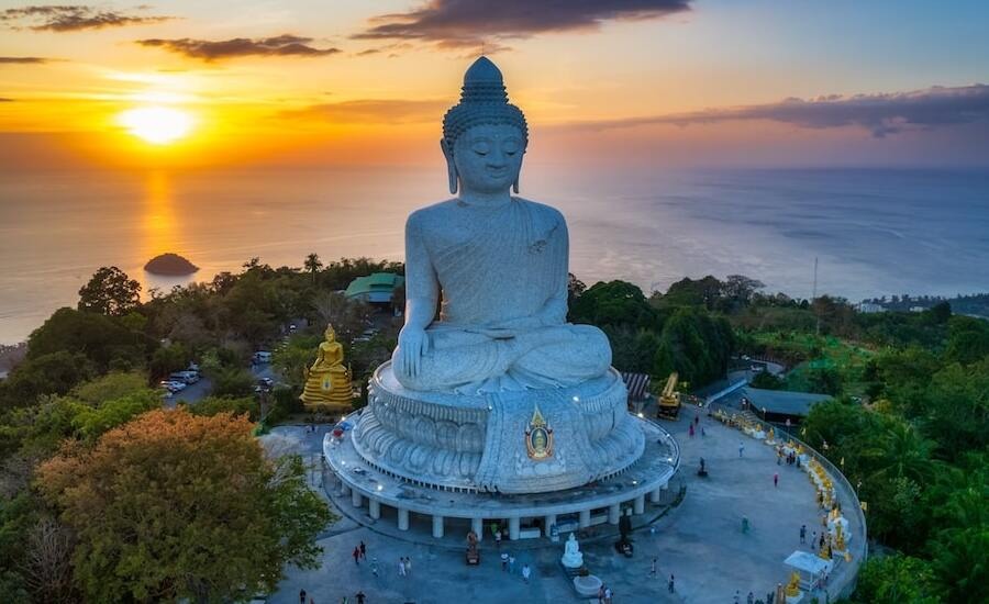 The sunset view of Phuket's Big Buddha, one of the most beautiful Buddha statues in Thailand